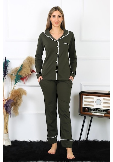 Akbeniz Kadın Pamuk Penye Önden Düğmeli Uzun Kol Haki Pijama Takım 2782-haki Haki