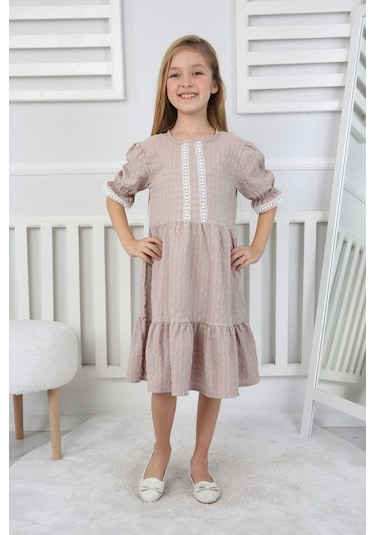 Gofre Kumaş Kız Çocuk Elbise Ekru - Mercan