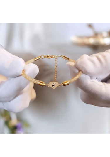 Archin Ç Harfine Özel Hasır Kordonlu Kalp Motifli 14 Ayar Altın Plakalı Hediye Bileklik-474harf Ç