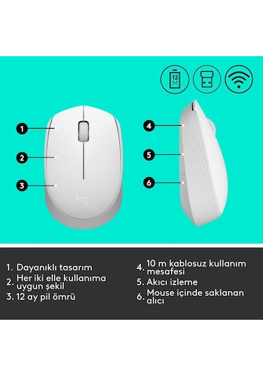 Logıtech 910-006867, M171 White, Usb Nano 2,4g Kablosuz, 1000dpi, Optik, 3 Tuşlu, 12ay Pil Ömrü, Mouse Sc-400