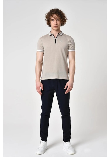Alexander Gardi Alexandergardı Fermuar Detaylı Polo Yaka T-shirt Barakm Bej - Beyaz
