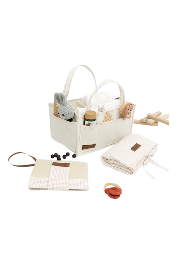 3'lü Bebek Bakım Seti Keçe Anne Bebek Organizeri, Su Geçirmez Alt Değiştirme Pedi, Alt Açma Çantası Bej