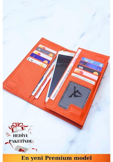 Telefon Bölmeli Unisex Turuncu Cüzdan Mıknatıslı Ve El Bantlı Büyük Paraportföy El Çantası Turuncu