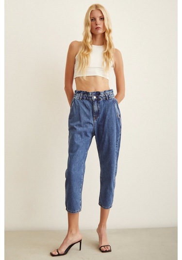 Never More Beli Lastikli Mom Jean Mavi