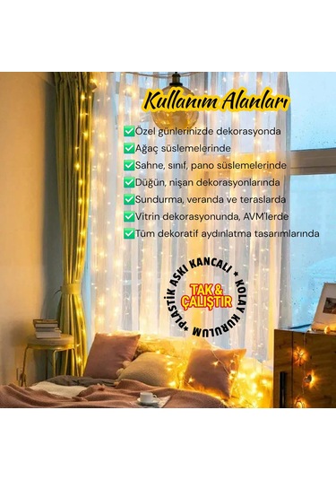 Upway 3x3 Metre Kumandalı 8 Modlu Askılı Usb 300 Led Işıklı Perde Gün Işığı Sarı