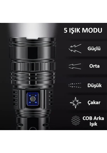 Valkyrie Ultra Güçlü Yüksek Parlaklık M80 Led Şarjlı El Feneri 6000mah Powerbank Siyah