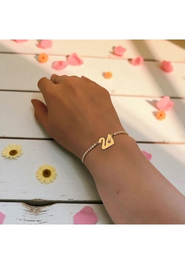 Archin Ç Harfine Özel Beyaz Taş Detaylı Kuğu Kuşu Motifli 14 Ayar Altın Plakalı Hediye Bileklik-601harf Ç