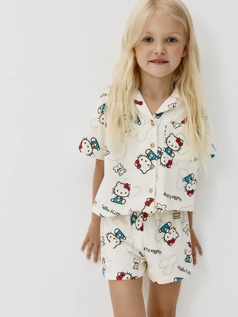 Sela Hello Kitty Baskılı Oversize Gömlekli Ve Şortlu Triko Pijama Takımı 437974958 Sütlü