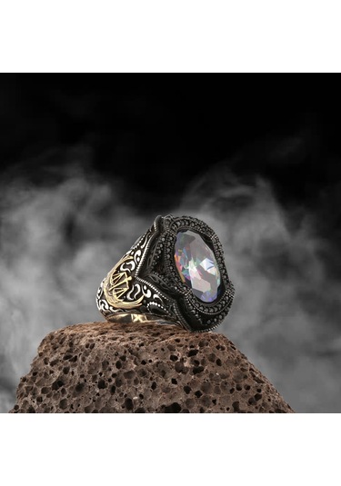 Yüzük Sanatı Mistik Topaz Taşlı Adalet Terazisi Gümüş Erkek Yüzük