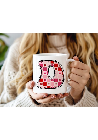 D Harfi Pembe Kareli Kalpli Göz Emojili Kupa Bardak Eğlenceli Kareli Tasarım Kahve Çay Kupası 07 Beyaz