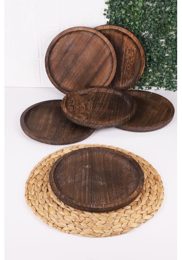Bambum Patrin Doğal Ahşap Yuvarlak Küçük Tabak 6 Lı Set 25x2 Cm Kahverengi