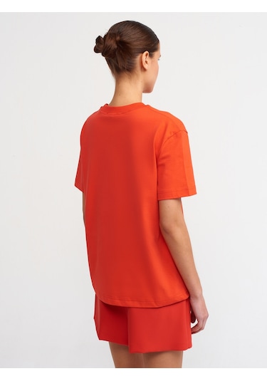 Dilvin Dekoratif Dikişli Bisiklet Yaka Tshirt 101a30312 Kırmızı