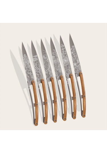 6 Deejo Steak Knives, Olive Wood / Blossom Kahverengi