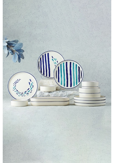 Kevin Seramik Marin Serisi 14 Parça 6 Kişilik Kahvaltı Takımı Beyaz - Mavi