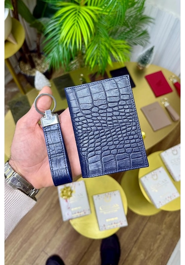 Premium Deri Ruhsat Kılıfı Ve Anahtarlık Seti Lacivert Croco