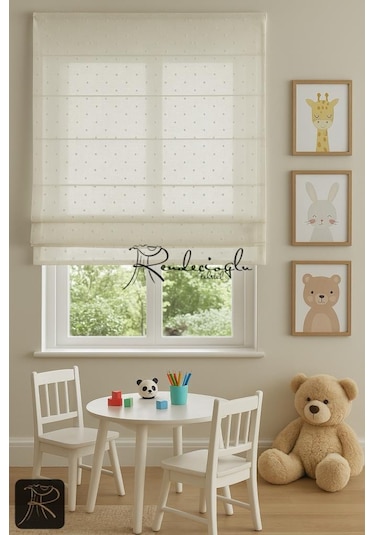Tül Perde Püsküllü Katlamalı Mekanizmalı Sistem Keten Dokulu Ekru