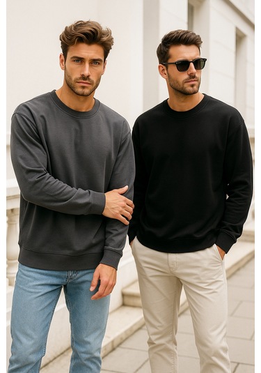 Rich Erkek 2'li Paket Siyah - Antrasit Bisiklet Yaka Scuba Basic Sweatshirt Siyah