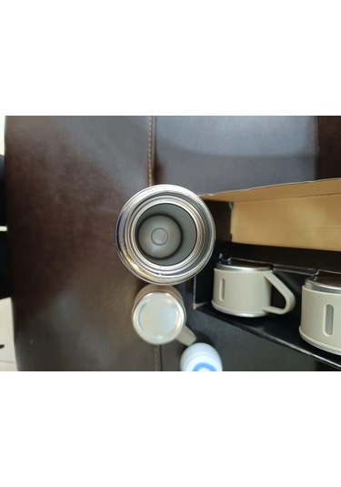 Paslanmaz Çelik 3 Bardaklı Vakumlu Vacuum Termos Set 500 Ml, 12 Saate Kadar Isı Koruma Termos Gri