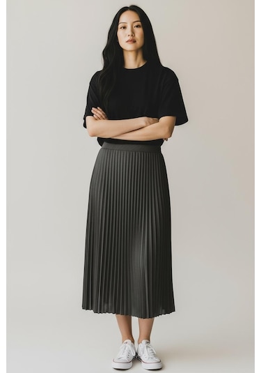 Pileli Pamuklu Dokuma Viskon Kışlık Etek 95 Cm - 38-48 Antrasit