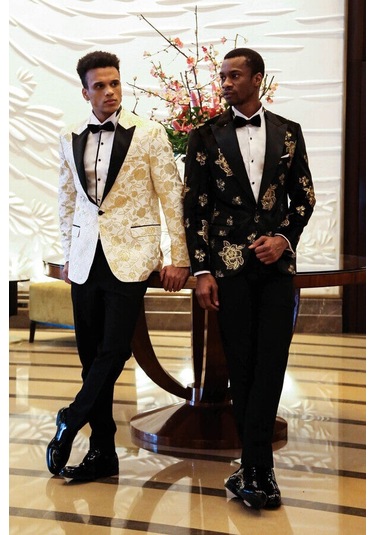 Wessi Gold Çiçek Desenli Parlak Siyah Erkek Smokin Ceket Siyah