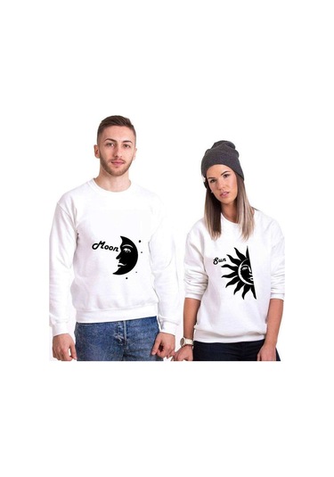 Tshirthane Ay Güneş Sevgili Kombinleri Unisex Sweatshirt Kırık Beyaz
