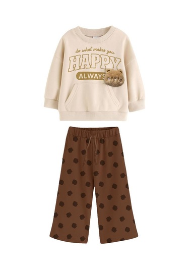 Kız Çocuk Peluş Teddy Bear Aplikeli Sweatshirt Bol Kesim Puantiye Eşofman Altı Takım Kahve