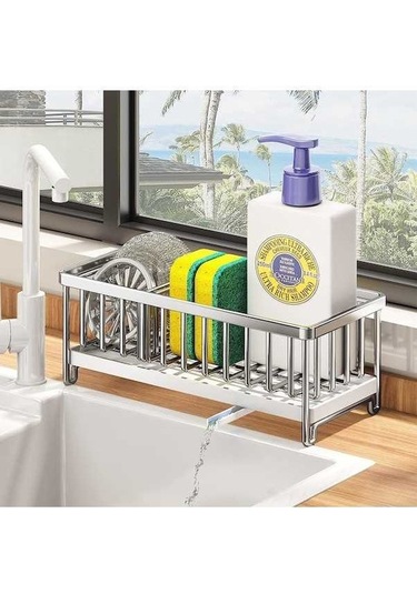 Pazly 24x9.5x10 Cm Paslanmaz Çelik Gümüş Sünger Tutucu Mutfak Lavabo Bulaşık Süngeri Organizatör Süzgeç Fırçası Tutucu Depolama Gümüş