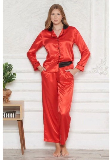 Angel's Story 1202 Kadın Saten Uzun Kollu Gömlek Pijama Takım-kırmızı Kırmızı