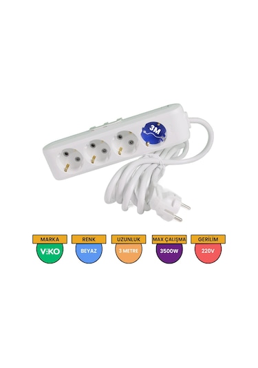 Viko Multi-let 4'lü Grup Priz Topraklı Çocuk Korumalı 3 Metre Beyaz - 90113403
