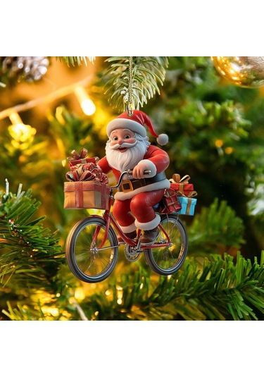 Geeksen Kahverengi Akrelik Noel Ağaç Dekorasyonu - Bisikletle Hediye Veren Noel Baba Figürü, Kolay Asma, Renk Tutarlı, Çok Amaçlı Kullanım