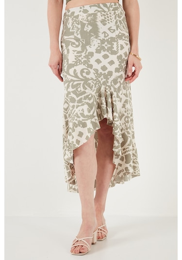Lela Regular Fit Desenli Yüksek Bel Volanlı Midi Boy Yırtmaçlı Bayan Etek 5869013 Olive