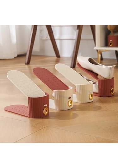 Fochsia Fildişi Beyaz Ve Kırmızı-kahverengi 10 Adet Katlanır Ayakkabı Askılığı, Dikey Çizgili, Altın Halkalı, Şık Ve Tasarruflu. Fildişi Beyazı Taban + Kahverengi-kırmızı İnsert