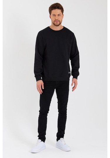 MMetalic Bisiklet Yaka Etiket Detayı İçi Pamuklu Erkek Sweatshirt Siyah