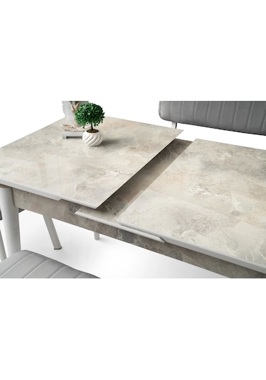 Ahşap Salon Yemek Masa Sandalye Takımı 4 Sandalyeli Ortadan Açılır Büyüyen 80x130 Cmmermer Desen