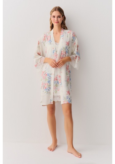 Suwen Flower Sabahlık Sh26106615338 Ekru Desenli