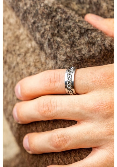 Ortası Dönebilen Zincirli Erkek Kadın Anti-stres Çelik Alyans Yüzük Cl43 Beyaz