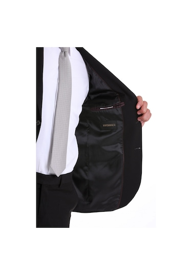 Hatemoğlu Siyah Slim Fit Mono Yaka Desenli Klasik Takım Elbise Siyah