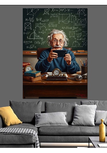 Ahşap Tablo Tabletle Uğraşan Bilgin Albert Einstein