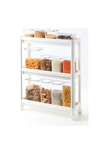 Bayev Tekerlekli Beyaz 3 Katlı Raf - Banyo Mutfak Dar Alan Düzenleyici Organizer Beyaz