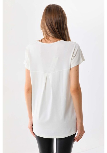 Büşra Triko Kadın İnci Süslemeli Kısa Kol Penye Bluz 19463 Ekru