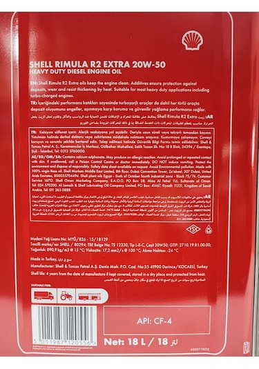 Shell Rimula R2 Extra 20W-50 Motor Yağı 18 L
