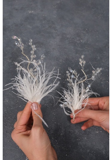 FdayAksesuar Gelinlere Özel Özly Tüylü Ve Kristalli Çift Tarafli Gelin Saç Aksesuarı FRDY31683