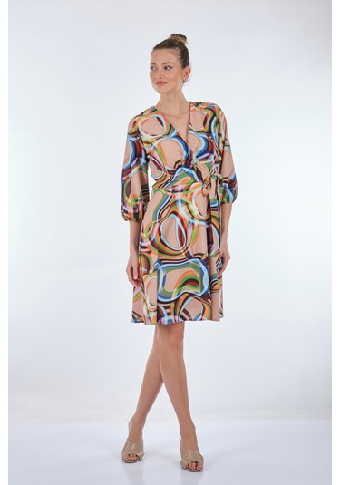 Explosion Midi V Yaka Sarımlı Elbise - Geometrik Desen - Günlük L