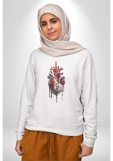 Kırmızı Beyaz Kalp Toplar Damar Unisex Beyaz Baskılı Sweatshirt Beyaz