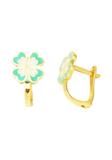 Bilezikci Su Yeşili Yonca Çocuk Küpesi 14 Ayar Sarı Altın