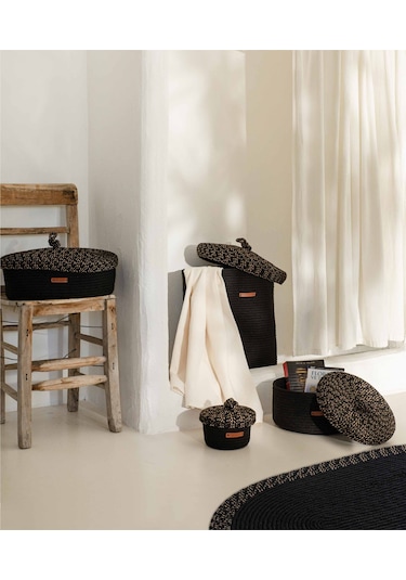 Koza Home Cesta Kapaklı El Yapımı Pamuklu Siyah Hasır Dekoratif Sepet 25cmx