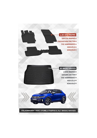 Sahler Volkswagen T-roc 2019+ Uyumlu 4.5d Sahler Premium Paspas + Liner Marka 3d Alt Bagaj Havuzu - Volkswagen T-roc