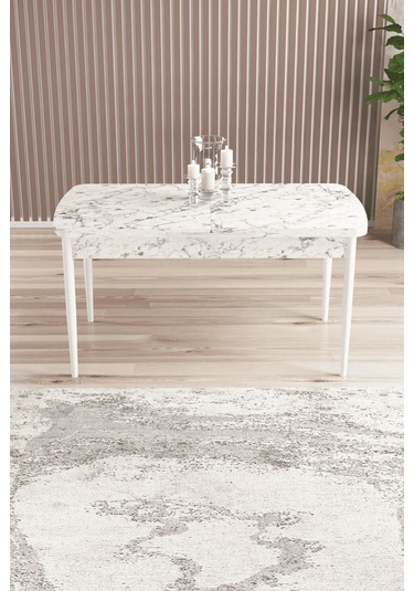 Ebrar Serisi 80x132 Açılabilir Mdf Doğal Gürgen Ayak Beyaz Mutfak Masası,yemek Masası Beyaz Mermer Desen
