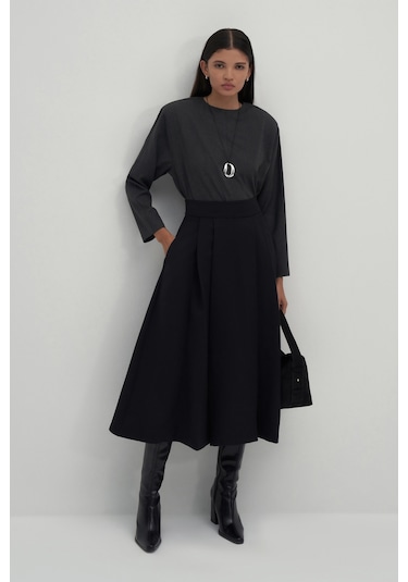 Siyah Volanlı Midi Etek Siyah