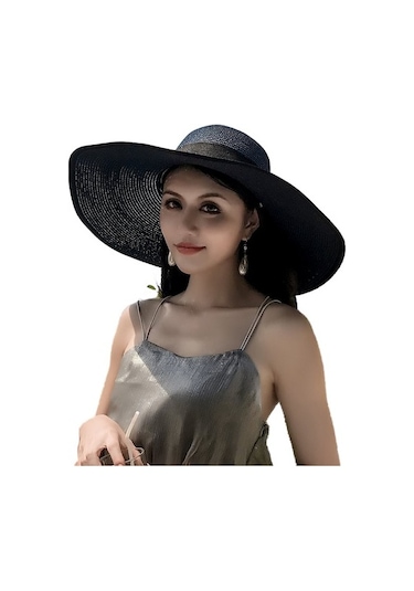 Egzotik Büyük Kenarlı Plaj Hasır Şapka Kadın Güneş Koruyucu Şapka Sq31a9 Siyah